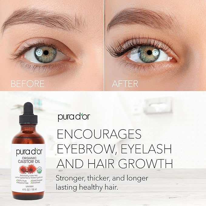 PURA D'OR 4 Oz ORGANIC Castor Oil - 100% Pure USDA Certified Cold Pressed, Hexane Free Eyelash & Eyebrow Serum - For Fuller, Thicker Lashes & Brows - Skin & Hair