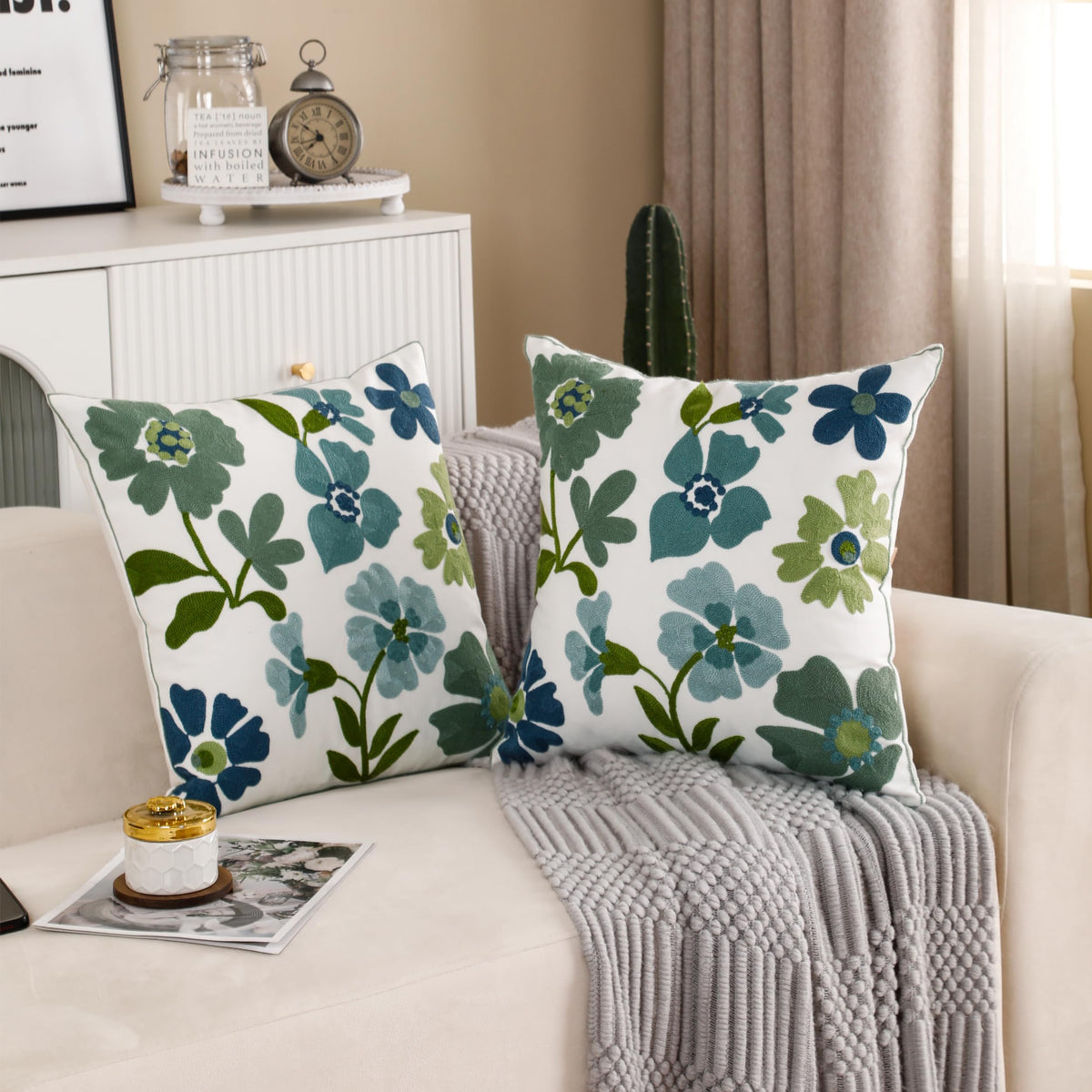 Tosleo Embroidered Throw Pillow Covers 18x18 inch Pack of 2 Blue Blossoms Spring Decorative Pillowcases Farmhouse Coastal Pillow Cushion Cases Home Decor Square Floral Pillow Case