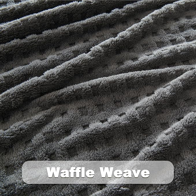 NEWCOSPLAY Super Soft Queen Blanket Grey Premium Silky Flannel Fleece 3D Waffle Checkered Lightweight Bed Blanket All Season Use (Dark Grey, Queen(90"x90"))