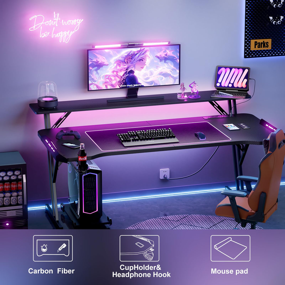 VidaTeco 63 Inch Smart Gaming Desk, Gamer Computer Desk with Phone-Controlled LED Lights & Mouse Pad, Power Outlet, Monitor Stand, Side Hook, Ergonomic Work Desks for Home Office, Carbon Fiber Black