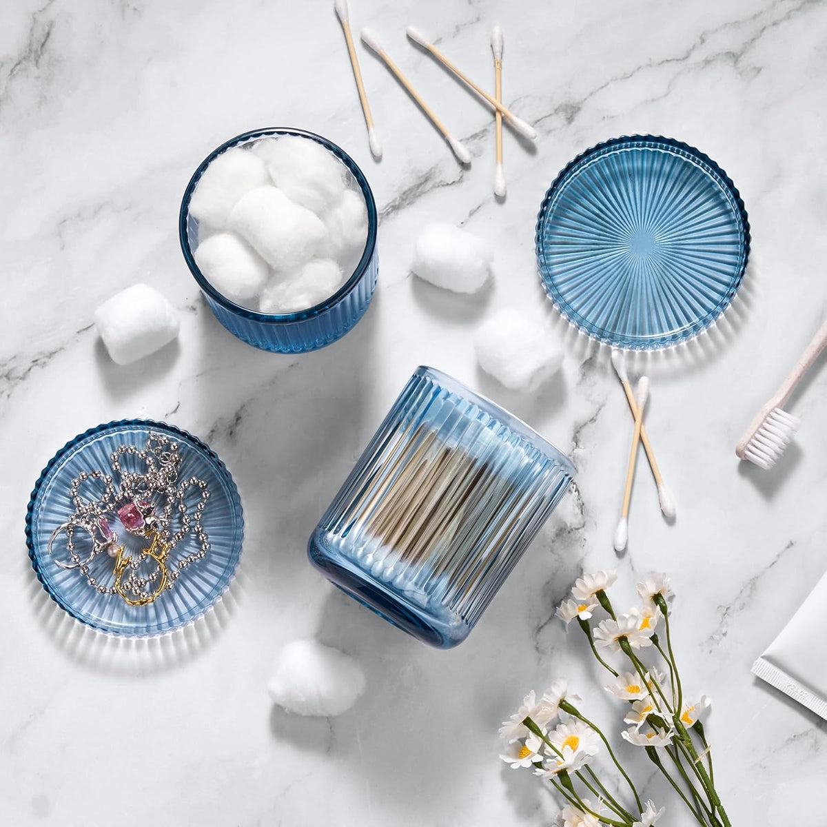 2 Pack Qtip Holders for Bathroom, Clear Glass Apothecary Jars with Lids,Vintage Bathroom Canisters for Cotton Balls,Swabs,Floss Picks,Hair Ties,Vanity Organizer and Storage Decor (Blue)