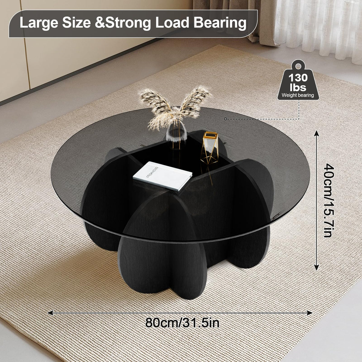 Coffee Table,31.5"Round Glass Coffee Table for Living Room Mid Century Modern Coffee Table Unique Circle Center Table with Wood Base Rustic Accent Center Cocktail Table for Home Small Space（black）
