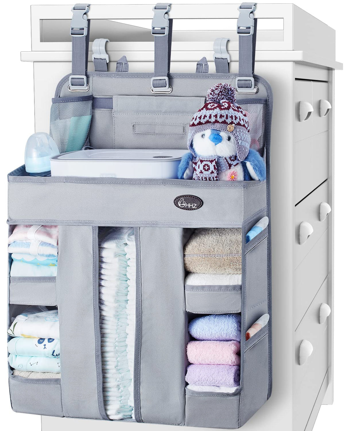 HHZ XL Hanging Diaper Caddy Organizer –Sturdy and Durable Baby Organizer – Diaper Stacker for Changing Table, Crib, Playard or Wall & Nursery Organization – Newborn Baby Essentials