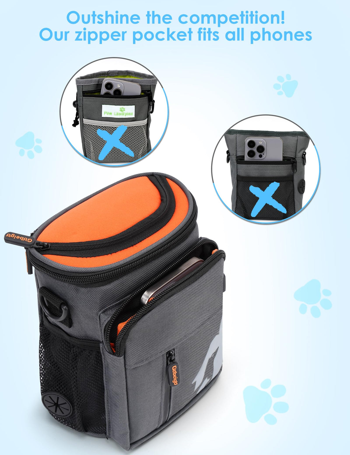 Gobeigo【8 Cup】Dog Treat Pouch【3 Ways to Wear 】Treat Bag for Training & Walking, Built-in Poop Bag Dispenser, Large Phone Friendly (Gray & Orange)
