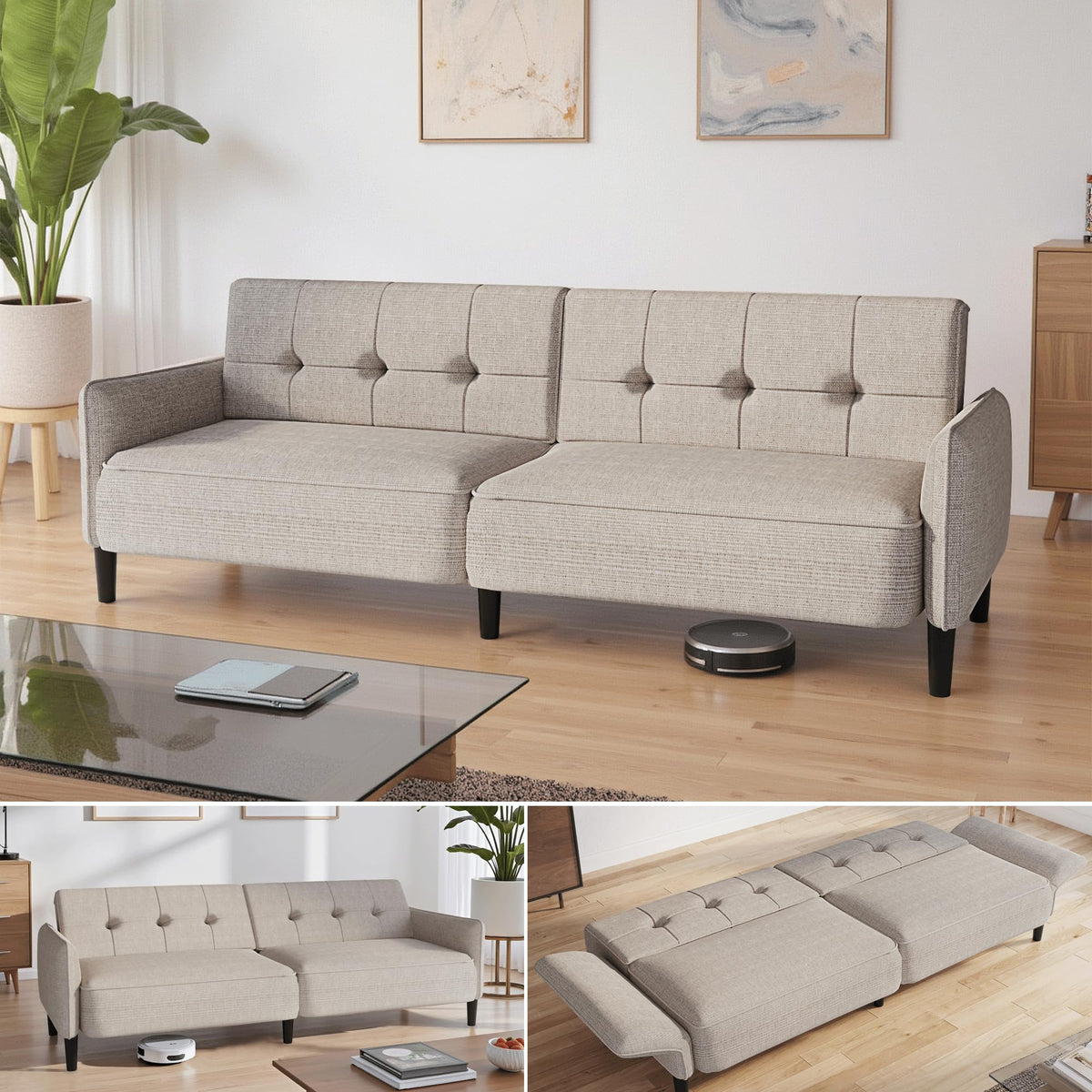 EROMMY 87.8" Futon Sofa Bed, Convertible Futon Couch with Adjustable Backrest & Armrest, Couch Bed with Solid Wood Frame for Small Spaces, Sofa Bed for Small Living Room