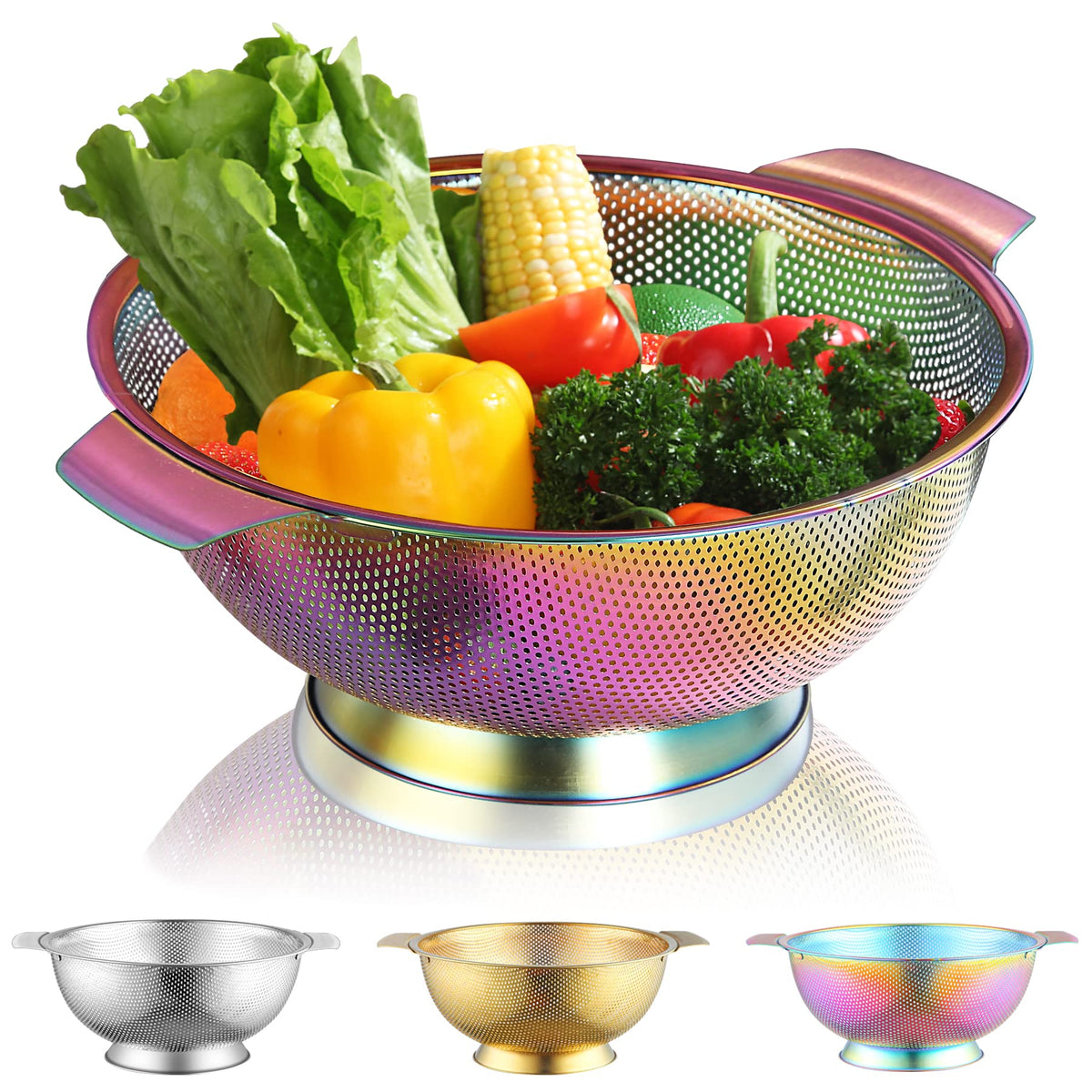 Kyraton Rainbow Colander 5 Quart, Professional Titanium Colorful Plating Stainless Steel Strainer with Heavy Duty Handles and Self Draining Solid Ring Base, Easy Clean and Dishwasher Safe