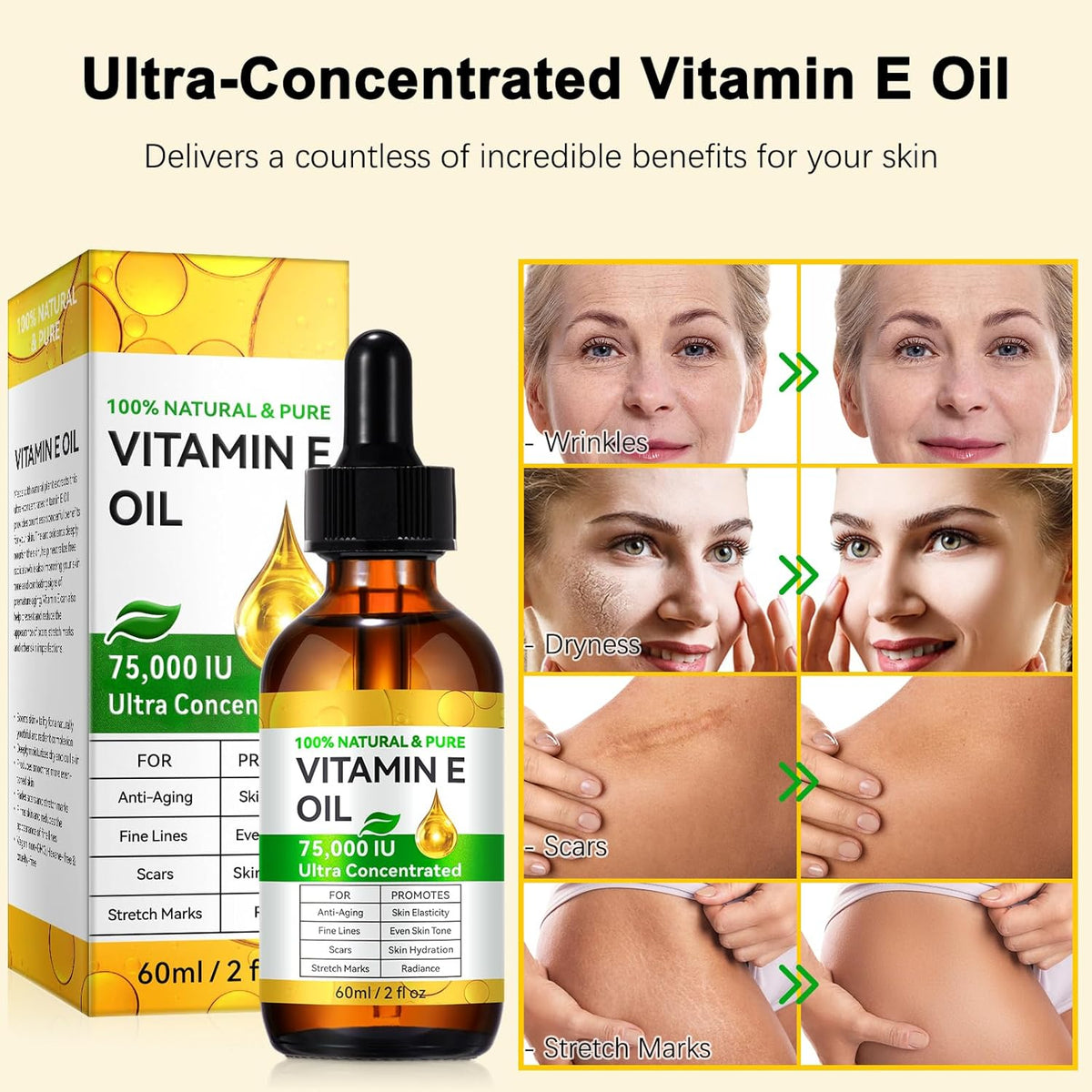 Tiuedu 2PCS Natural Vitamin E Oil for Skin, 75,000 IU Ultra Concentrated Vitamin E Oil for Face, Hair and Scars, Moisturizing Dry Skin Oils, Promotes Skin Elasticity