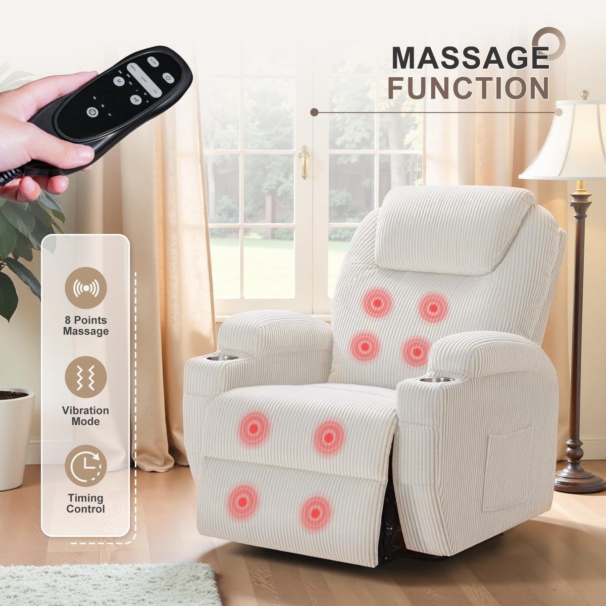 Flamaker Power Lift Recliner Chair with Massage for Elderly Ergonomic Lounge Chair Classic Single Sofa with 2 Cup Holders Side Pockets Home Theater Seat (Corduroy, Beige)