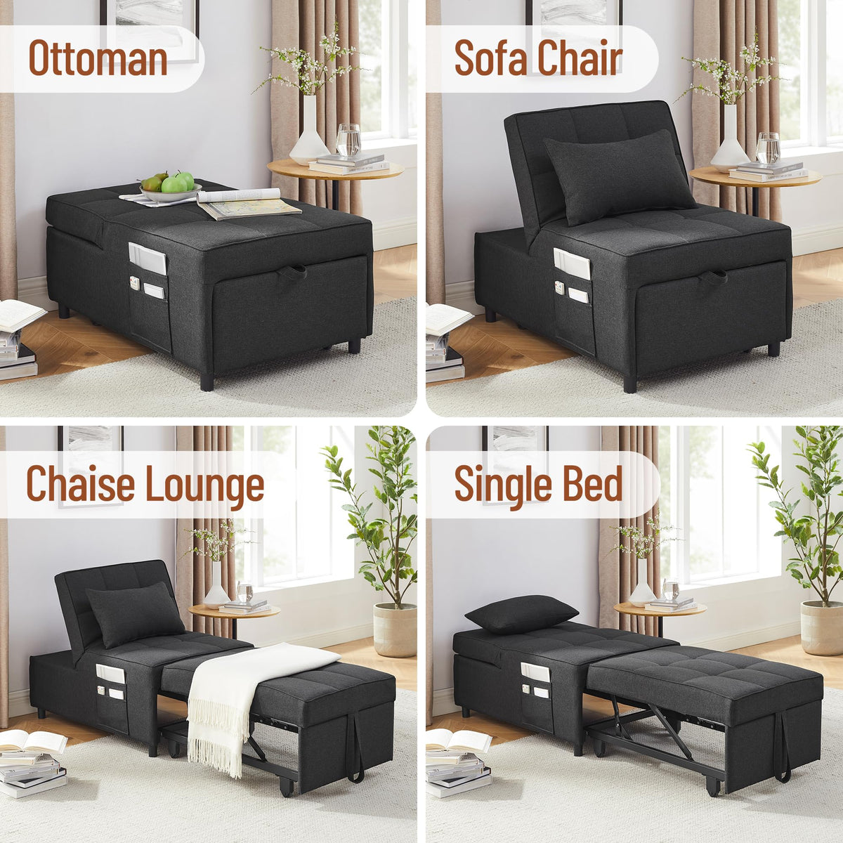 LegacyAmerhome Sleeper Chair, 4-in-1 Multi-Functional Sofa Bed Chair, Single Recliner with Pillow Side Pockets and 5 Levels of Adjustable Backrest, for Living Room Bedroom (Dark Gray)