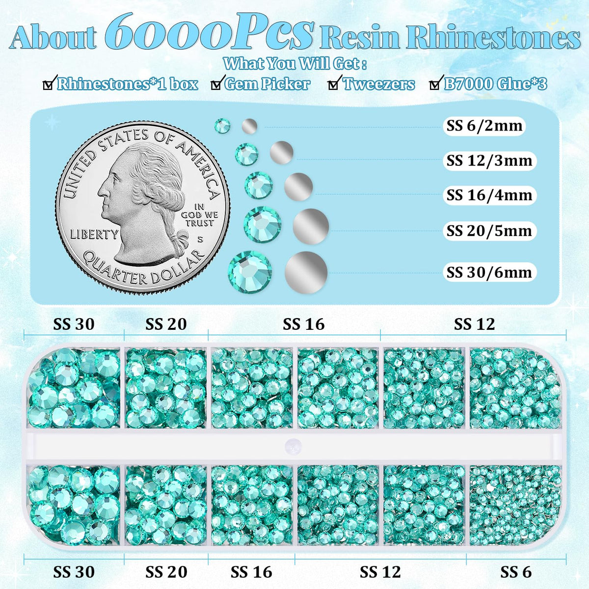 6000Pcs Resin Rhinestones for Bedazzling with 3Pcs B7000 Jewelry Glue, 1 Box Aquamarine Flatback Rhinestones for Crafting Crafts DIY, Crystals Gems for Clothing Shoes Tumblers Nail Art Makeup