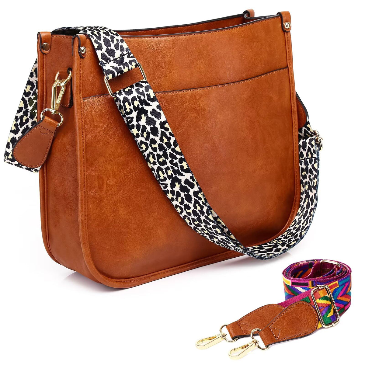 AUYOCO Vegan Leather Crossbody Bags for Women, Crossbody Purse with 2 Guitar Straps Zipped Pockets Handbag Shoulder Bag