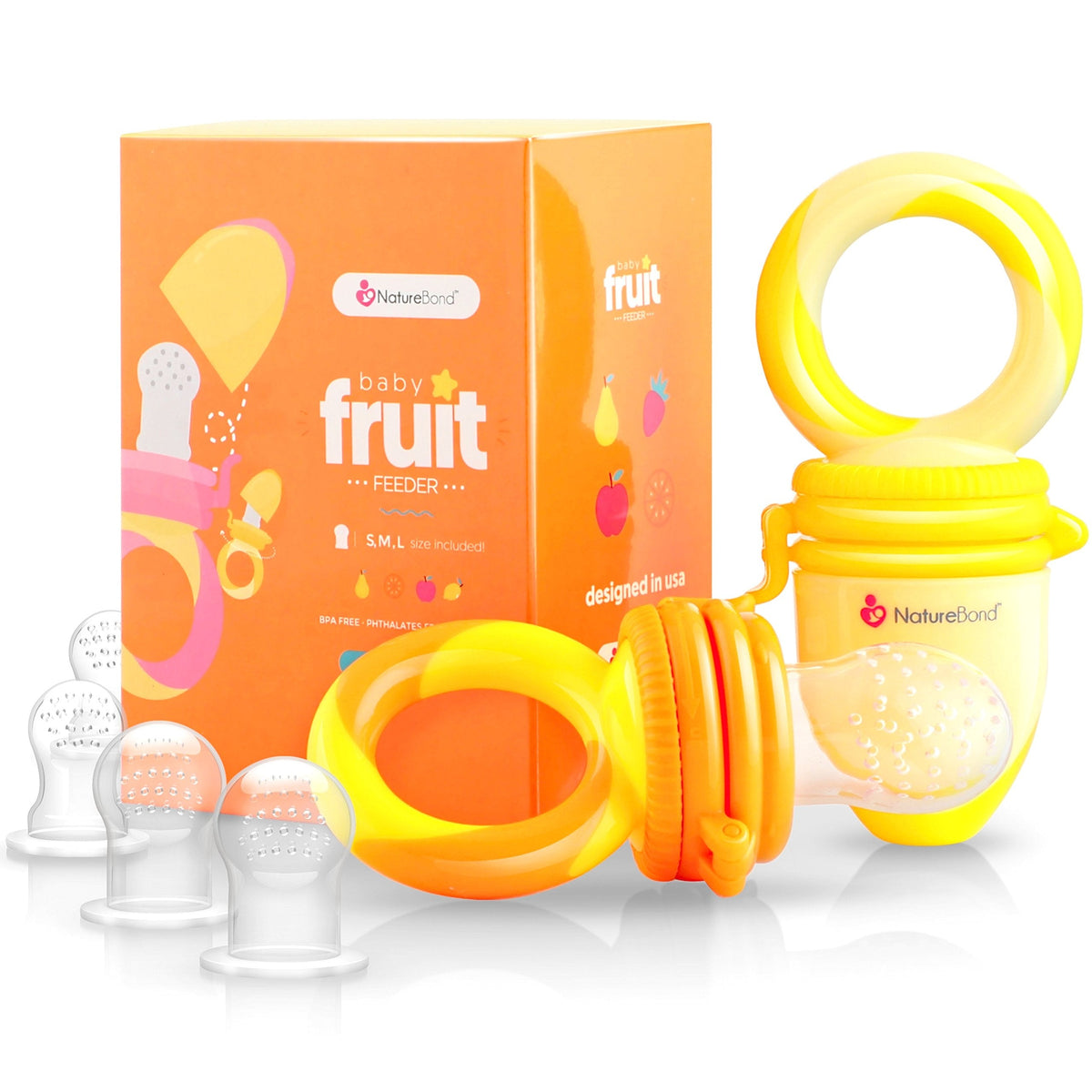 NatureBond Baby Food Feeder/Fruit Feeder Pacifier Nibbler (2 Pack) - Infant Teething Toy Teether Weaning in Appetizing Colors | + Additional Silicone Sacs