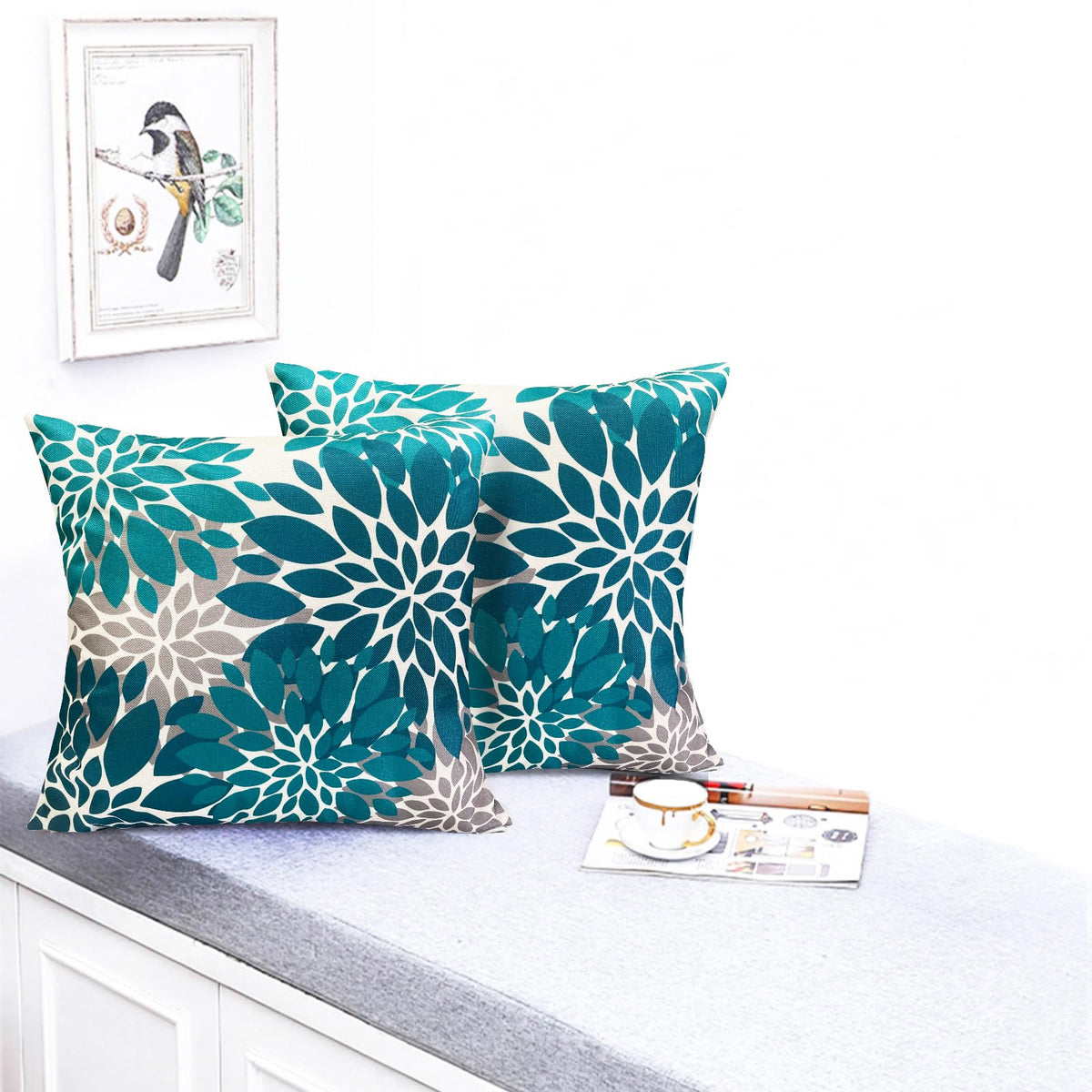 RYSMIYOU Decorative Throw Pillow Covers Set of 2 Teal Blue pillow covers 18x18 inch Throw Pillow Cases Linen Square Pillow Case,Farmhouse Outdoor Floral Flower Pillow Covers for Couch Sofa Living Room