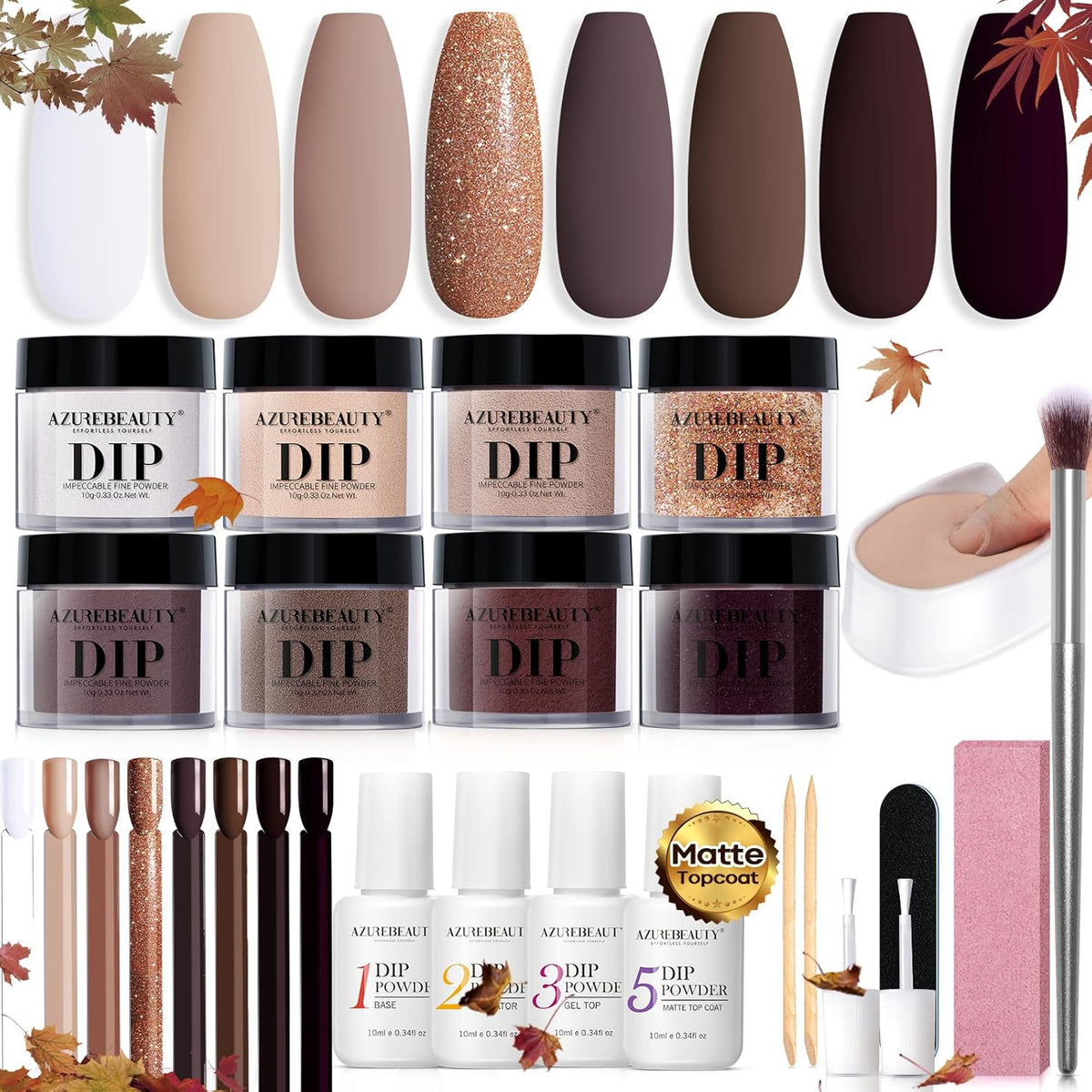 AZUREBEAUTY 30Pcs Dip Powder Nail Kit Starter, 8 Colors Fall Nude Brown Glitter Purple Nude with Nail Sticks, Nail Art Liquid Set with Matte/Base/Top Coat Activator for French Manicure Salon