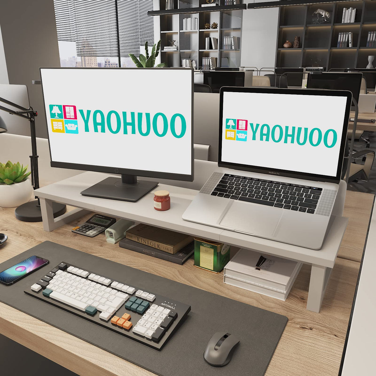YAOHUOO Dual Monitor Stand Riser, 39Inch Large Monitor Stands for 2 Monitors, Computer Monitor Stand, Wooden Desktop Oraganizer Shelf for Office Desk Computer,Laptop,TV