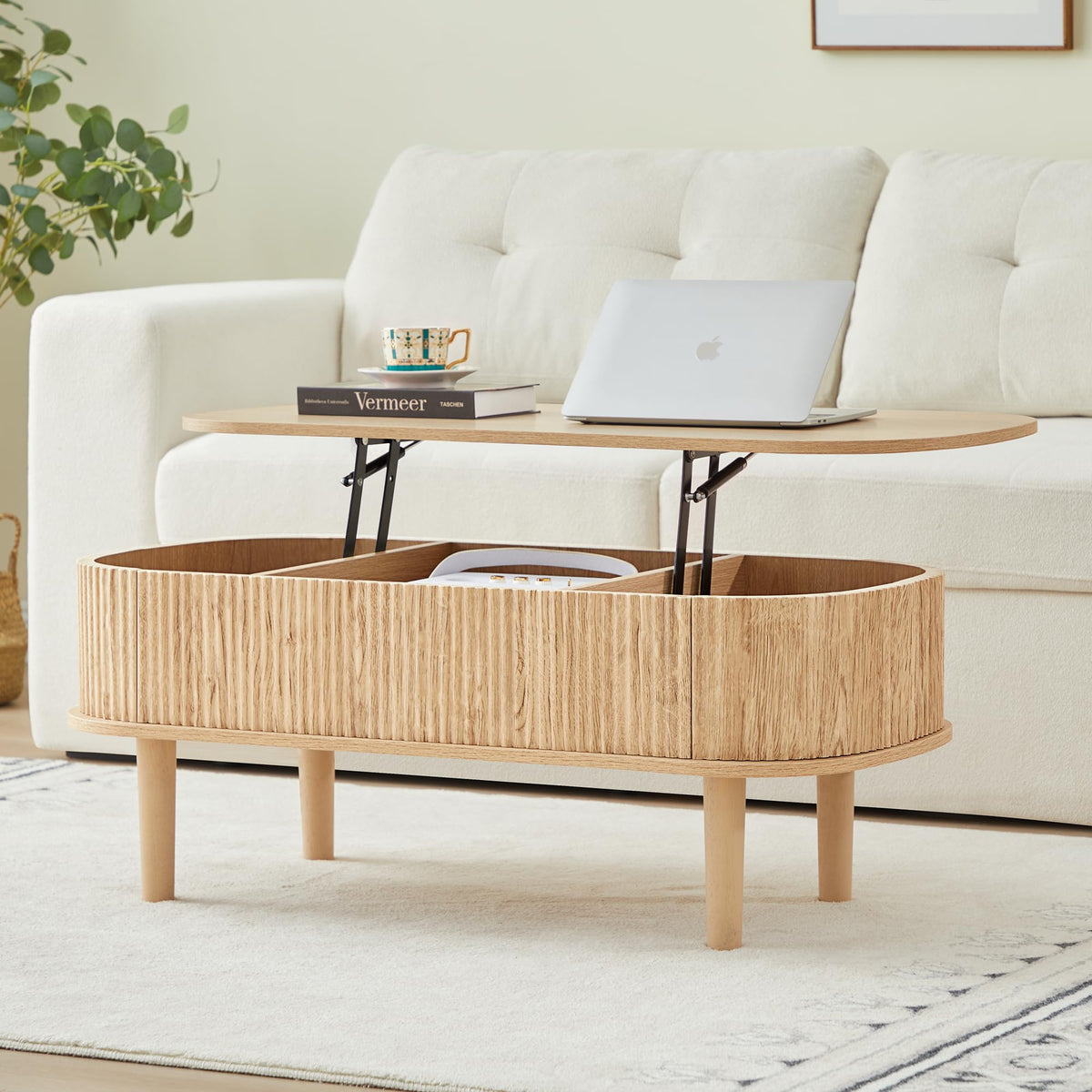 Fluted Lift Top Coffee Table with Hidden Compartment, Fully Assembled Wooden Center Table, Modern Oval Lift Tabletop for Home Living Room Office, Natural