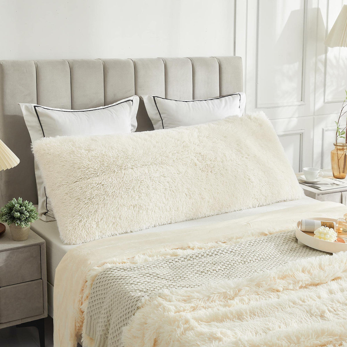 LIFEREVO Off White Body Pillow Cover,Luxury Shaggy Ultra Soft Plush Faux Fur Pillowcase 20"x54" for Bed Couch,Microfiber Long Pillowshams for Pregnant Women/Mother/Wife(Light Beige)