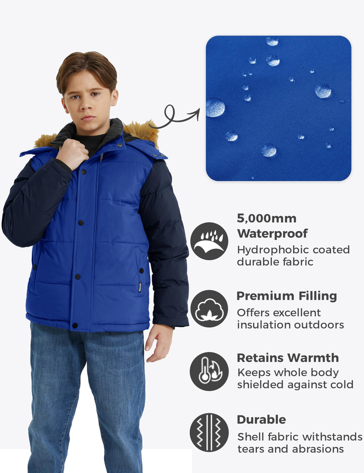 wantdo Boys' Warm Puffer Coats Winter Outerwear Jackets Waterproof Fleece Jacket With Hood Acid Blue navy 8