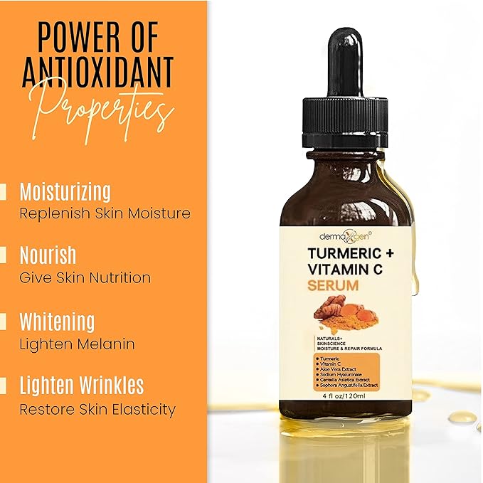 Turmeric Serum for Face + Glow-Boosting Vitamin C Serum –Organic Moisturizer for Acne, Dark Spots & Clear Skin– Boosts Hydration for Dry & Tired Skin – Anti-Aging Formula for Glowing Skin, 4 FL OZ