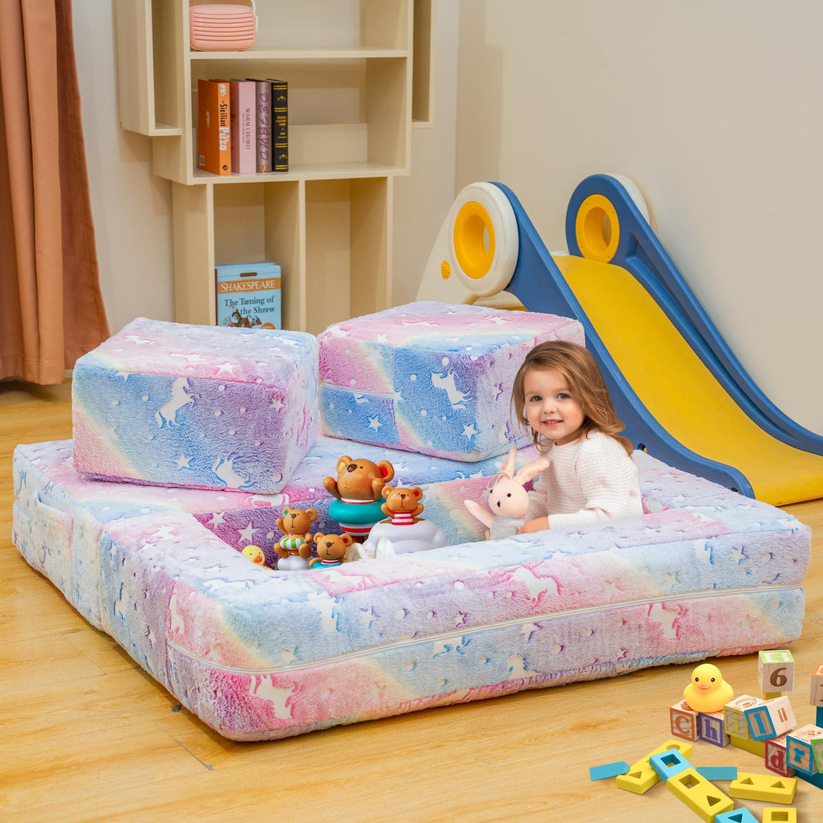 furlinkhm Modular Kids Play Couch, Glow in The Dark Kids Play Couch Toddler Couch,Kids Couch for palyroom, Convertible Baby Fold Out Play Foam and Floor Cushion for Bedroom (Rainbow+Unicorn)