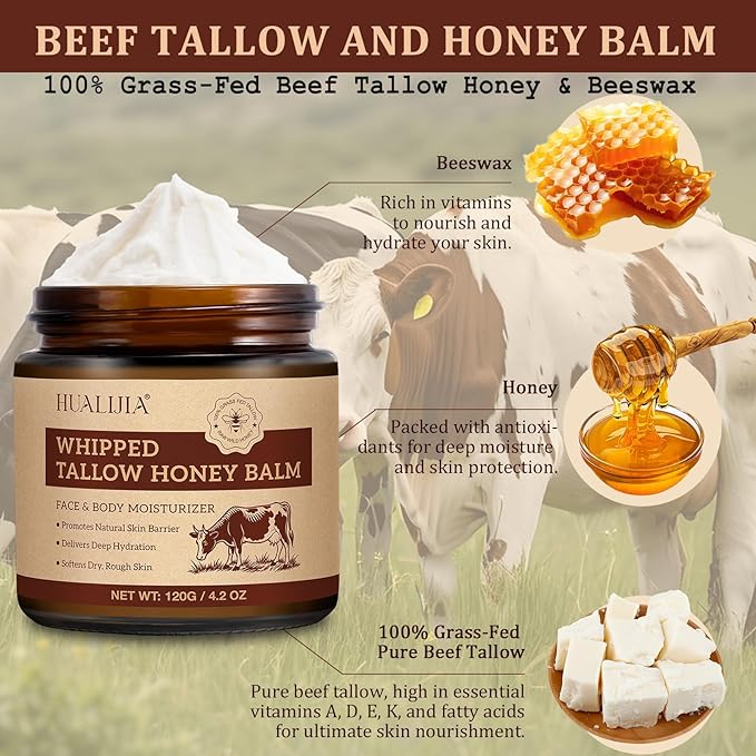 Organic Beef Tallow for Skin, Tallow and Honey Balm (4.2 Oz), Tallow Face Moisturizer, Grass Fed Whipped Beef Tallow with Honey Beeswax - Deeply Hydrates and Moisturizes Face Body, Unscent, No Greasy