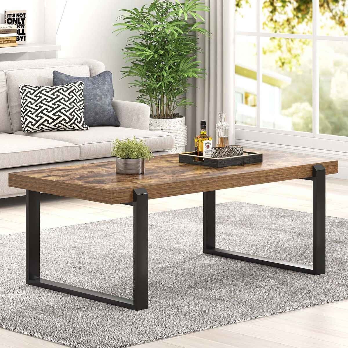 FOLUBAN Coffee Table, Modern Rustic Wood and Metal Center Table, Industrial Rectangle Cocktail Tea Table for Living Room, Brown, 47 Inch