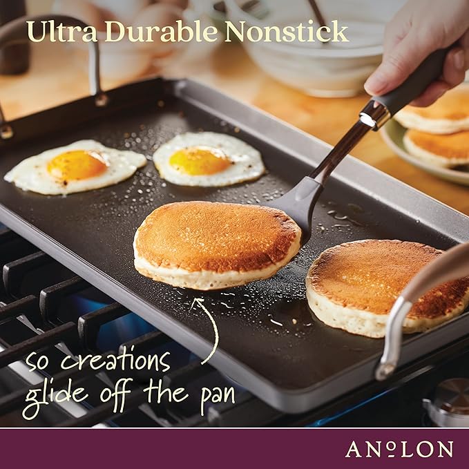 Anolon Advanced Home Hard Anodized Nonstick Double Burner Griddle/Grill Pan with Roasting Rack, 10 Inch x 18 Inch, Bronze