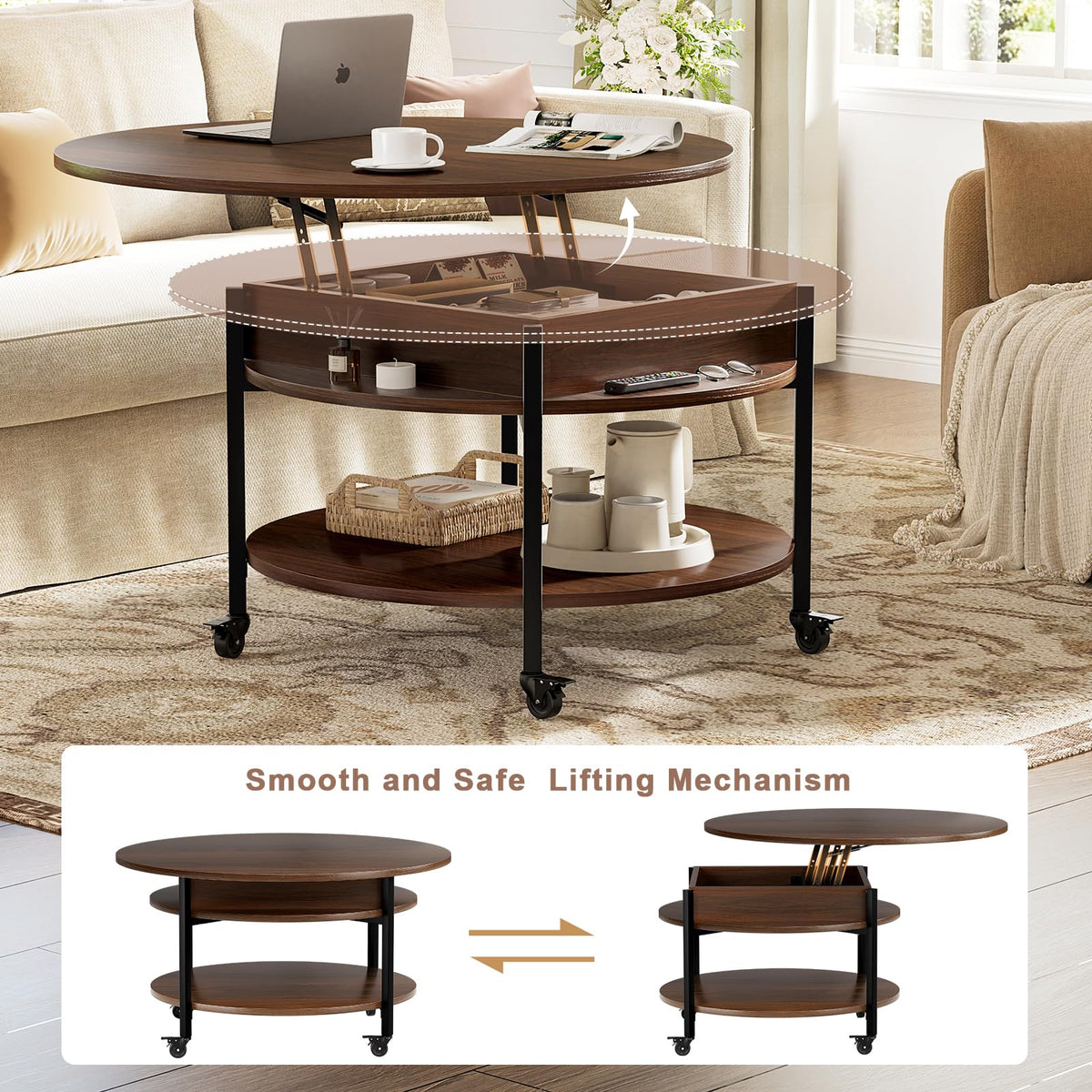 FABATO Round Lift Top Coffee Table With Wheels, 26.77'' Rolling Center Table With Storage and Compartment for Living Room, 2 Tier Small Circle Dining Table, Espresso