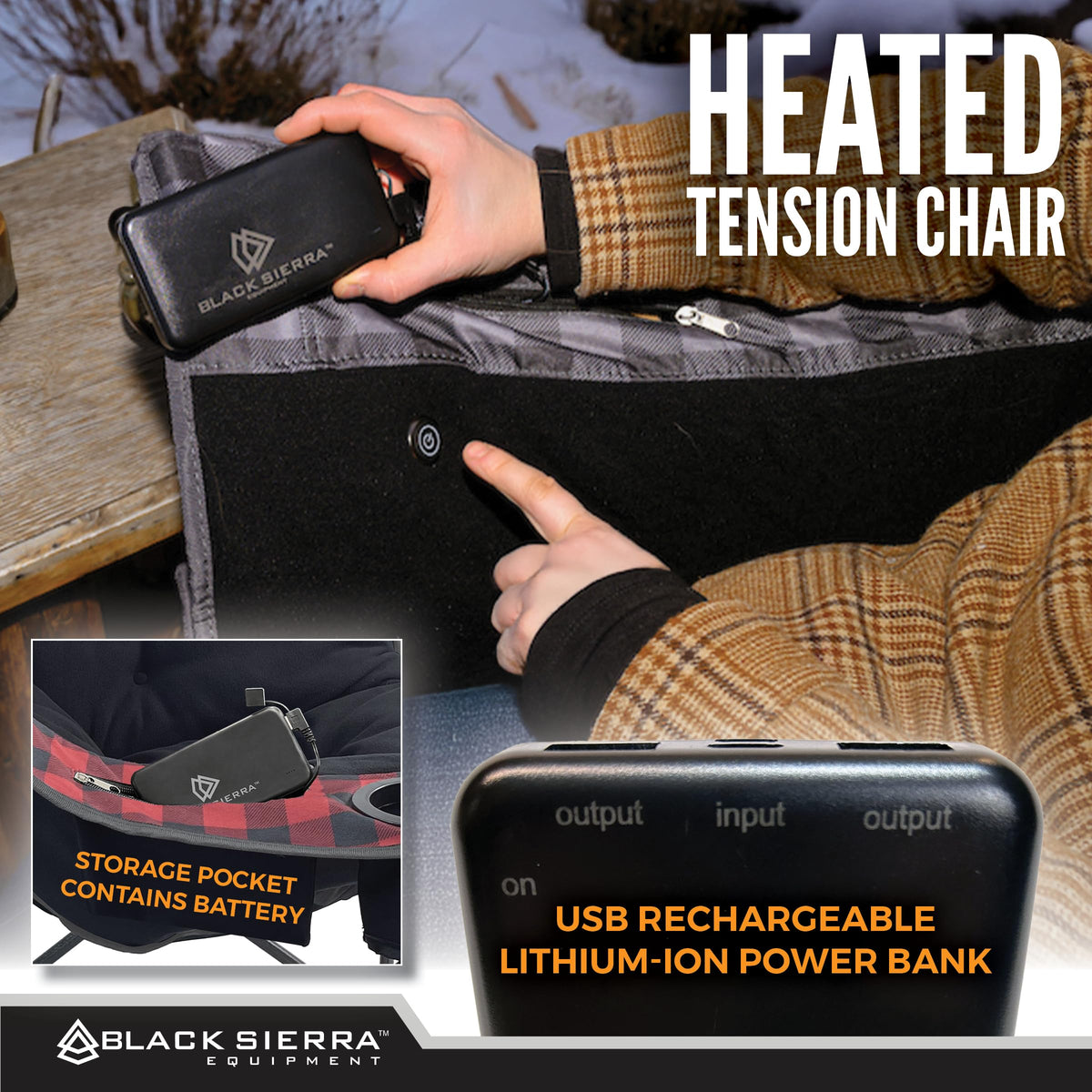 Black Sierra Heated Camping Chair with Battery – XL Fleece Foldable Seat, 3 Heat Settings, Heavy-Duty Steel Frame Supports 300 lbs – Portable, Lightweight for Camping, Sports, Patio, Events
