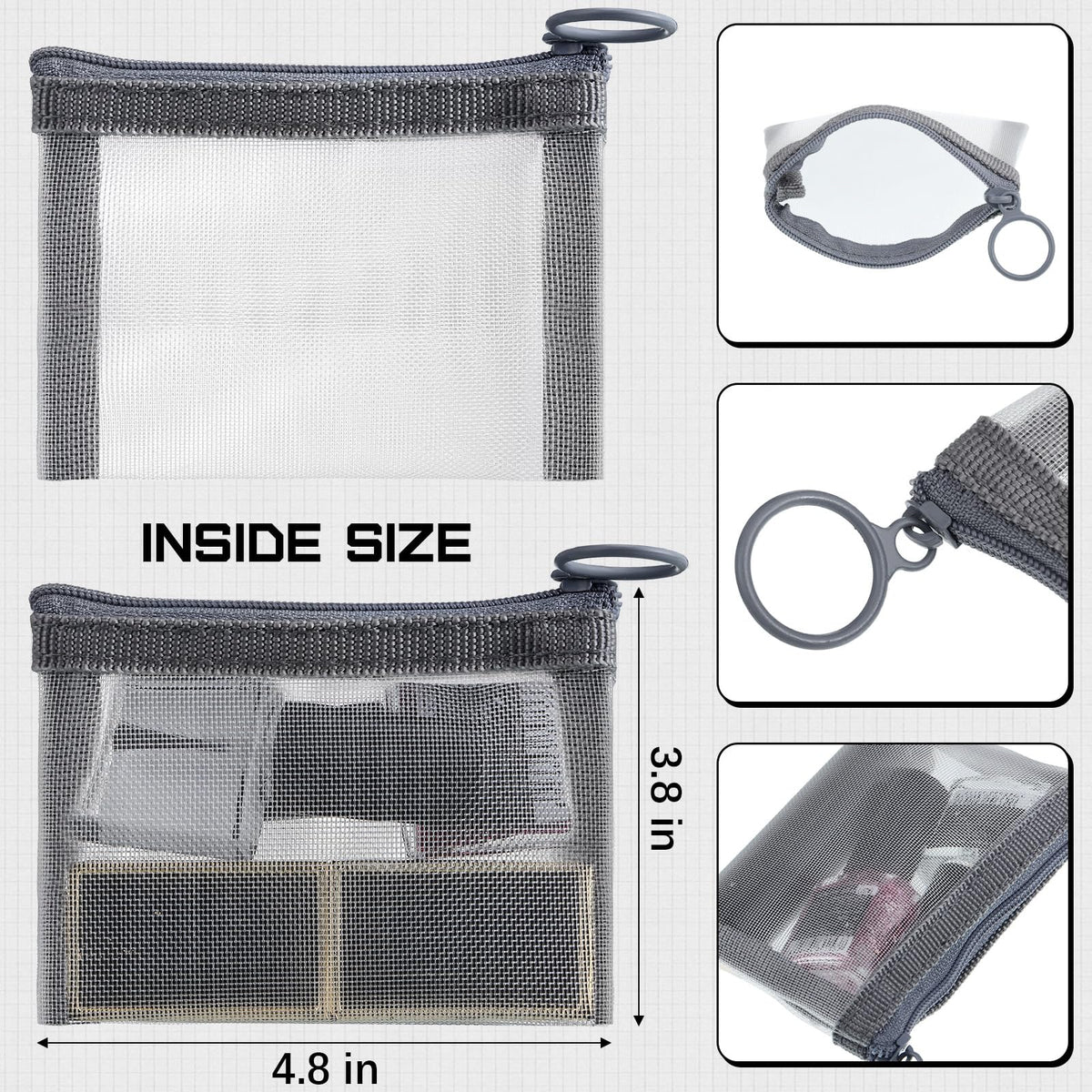 Frienda 10 Pcs Small Mesh Bags with Zipper Mini Zipper Mesh Bags Nylon Cosmetic Coin Purse Pouches Portable Reusable Storage Pouch with Keychain for Women Home Travel(5 x 4 Inch,Grey)