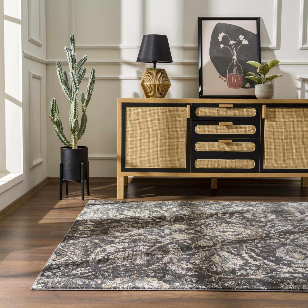 Hauteloom Owatonna Rustic Farmhouse Living Room Bedroom Dining Room Area Rug - Style - Traditional Floral Look - Dark Brown, Grey, Black, Cream - 5'3" x 7'3"