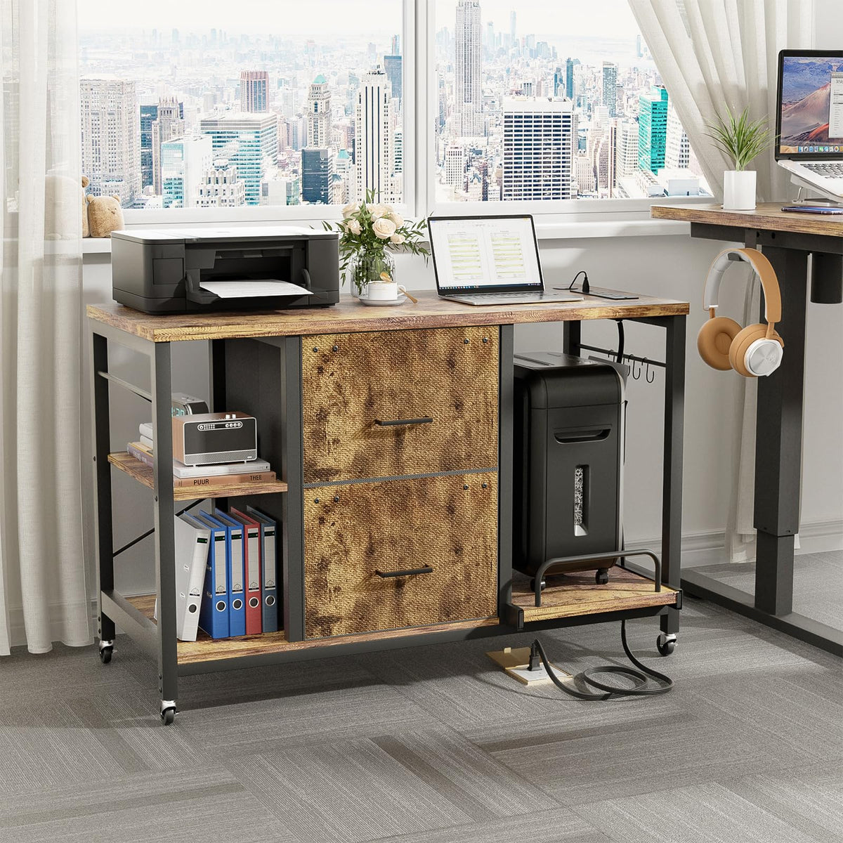Hyomdeck 2 Drawer Lateral File Cabinet with Shredder Stand, Rolling Office Filing Cabinets with Outlet and LED Light, Printer Table with Storage, Home Office Cabinet for Letter Legal Size, Rustic