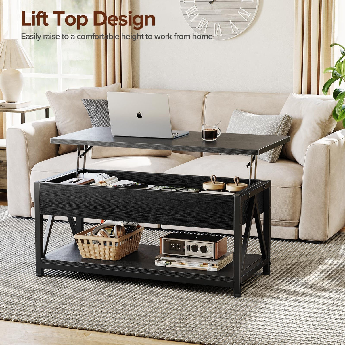 Memobarco Lift Top Coffee Table with Storage Shelf and Hidden Compartment for Small Spaces, Black