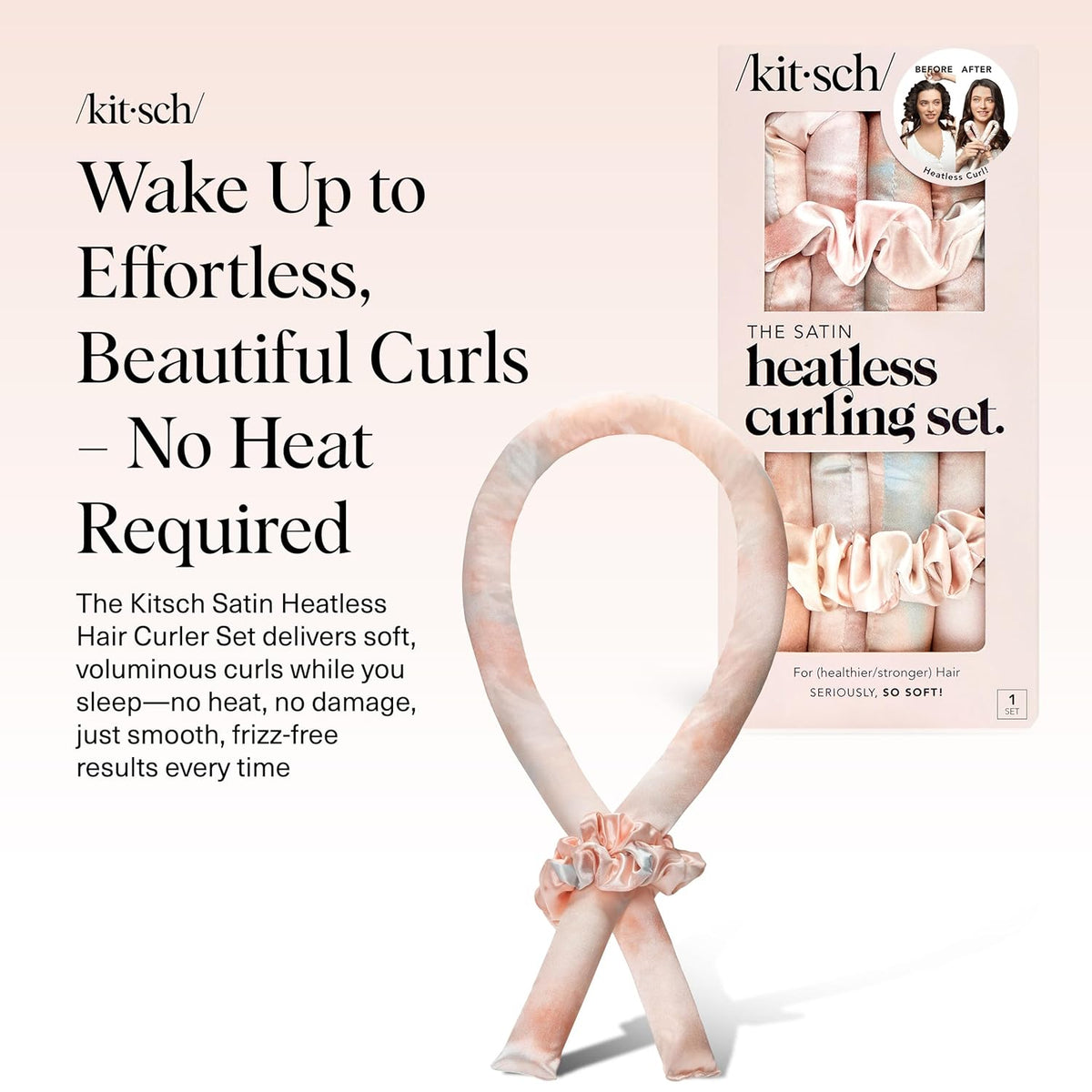 Kitsch Satin Heatless Curling Set – Heatless Curls Overnight with Hair Curler & 2 Satin Scrunchies – Hair Curlers to Sleep In for Overnight Curls – Overnight Blowout Rods – Sunset Tie Dye