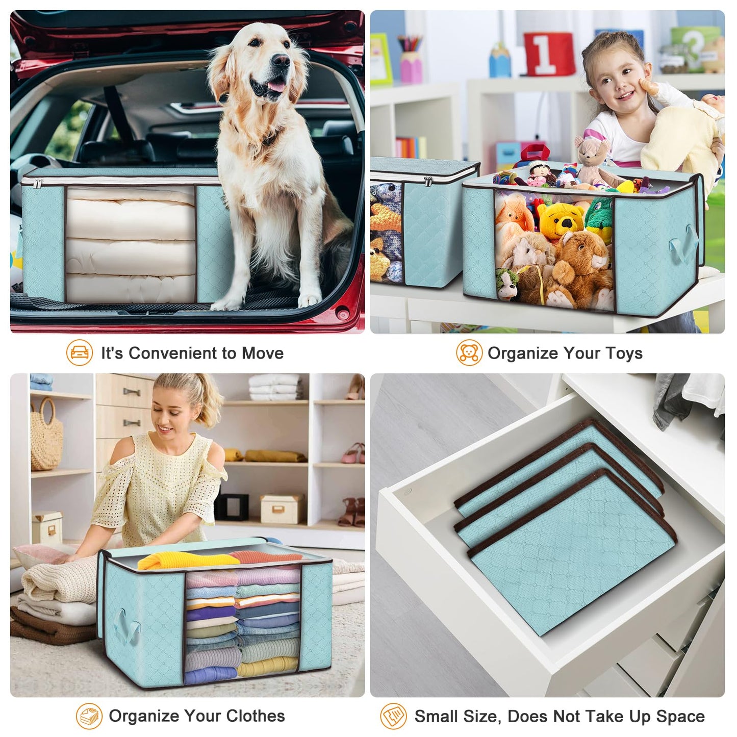 Budding Joy 90L Large Storage Bags, 8 Pack Clothes Storage Bins Foldable Closet Organizer Storage Containers with Durable Handles Storage and Organization, Blanket, Pillows and Toys (Blue)