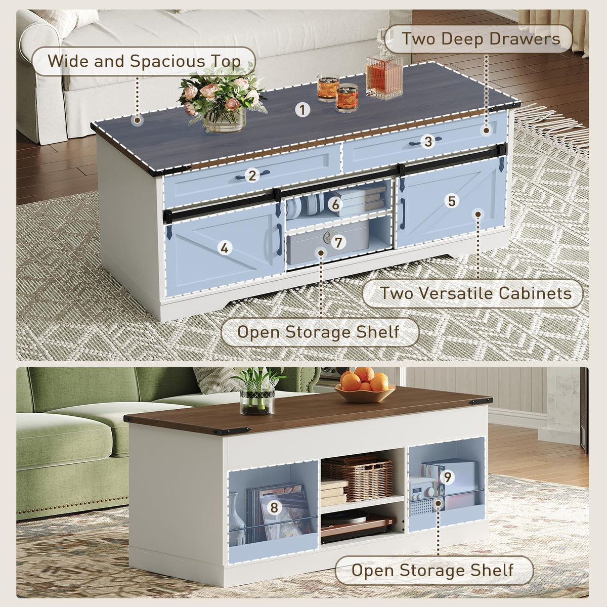 RALGEND 47" Farmhouse Coffee Table with Storage and Sliding Barn Doors, Large Rustic Center Table with 2 Drawers & Open Compartments, Wooden Coffee Table for Living Room, White and Walnut