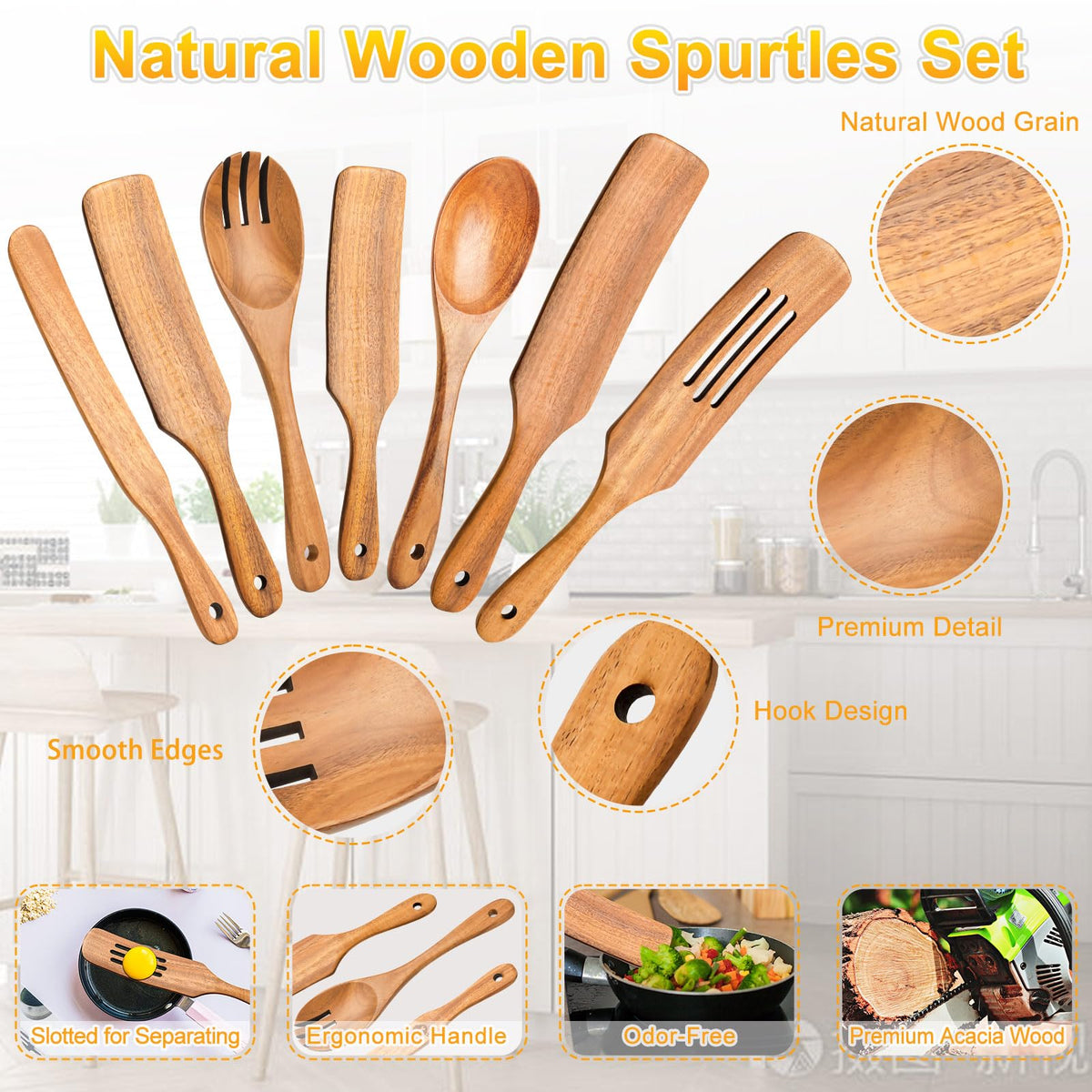 Spurtles Kitchen Tools Wooden, 7Pcs Wooden Spoons for Cooking, Natural Premium Spatula Set, Heat Resistant Cooking Utensil for Nonstick Cookware, Spurtle for Sourdough Starter