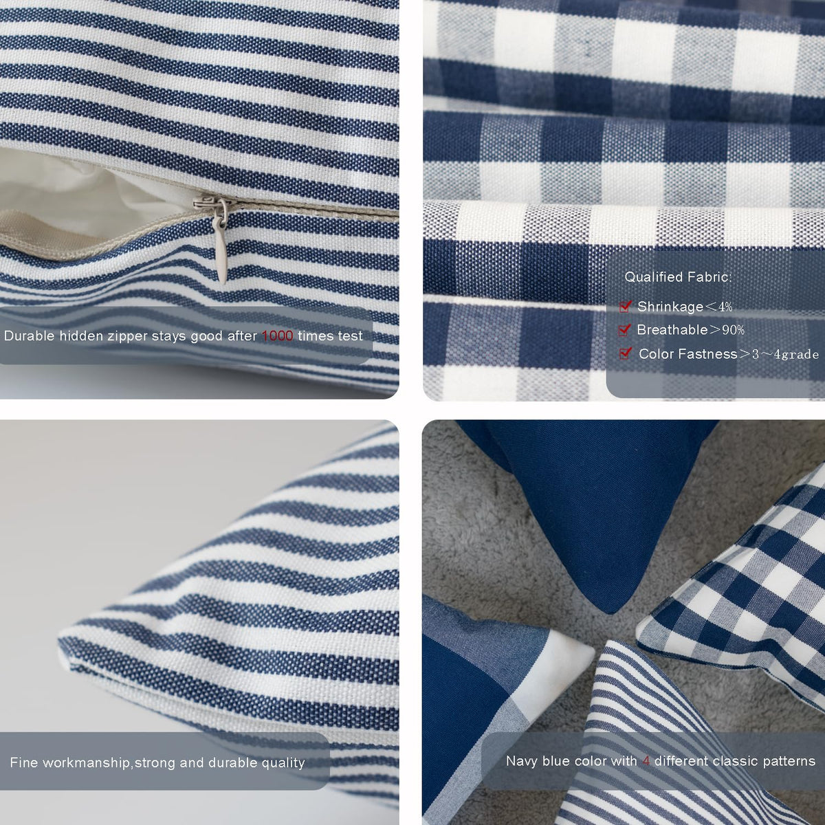 HOPLEE Navy Blue Decorative Pillow Cover 16x16 Pillow Cover with Buffalo Plaid, Solid Navy Blue, Tricking Stripe and Gingham Plaid Design 16x16 Inches Set of 4