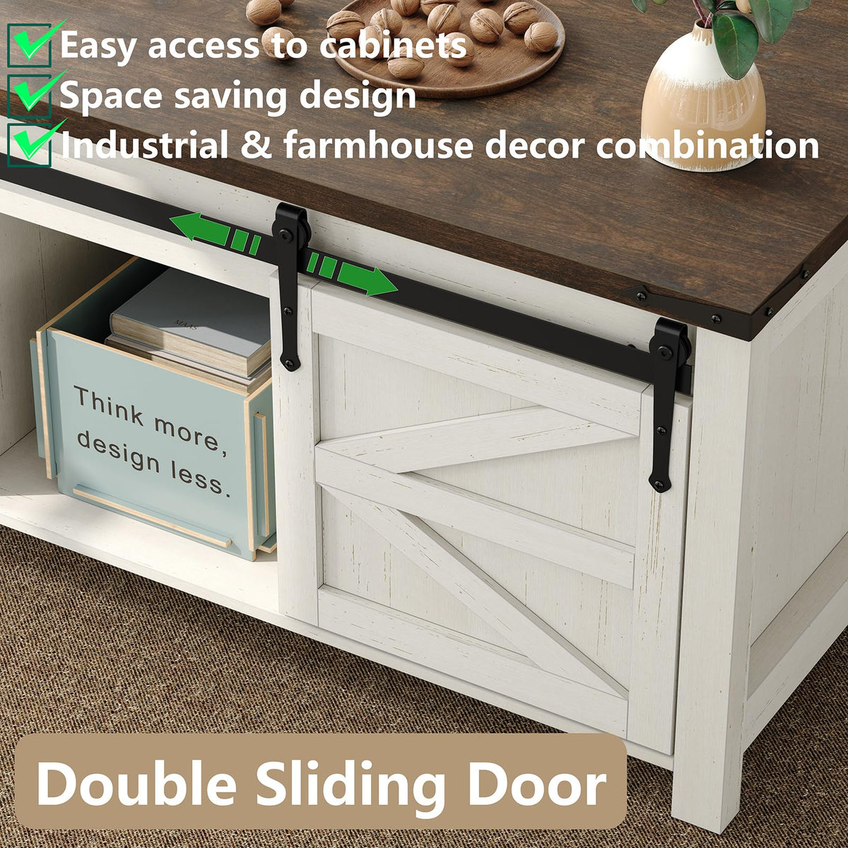 Furnihold 47.3'' Lift Top Coffee Table with Storage, Modern White Coffee Table with Sliding Barn Doors, Farmhouse & Rustic Rectangle Center Table for Living Room, Office, Brown Top