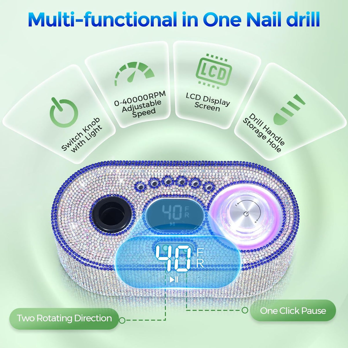 Nail Drill Electric File: DEDNMSCA Sparkly Professional Nail Drill Kit, 40000RPM E-File Machine with 12 Drill Bits for Acrylic Nails Remove Nail Gel Polish Manicure for Salon Home, Diamond