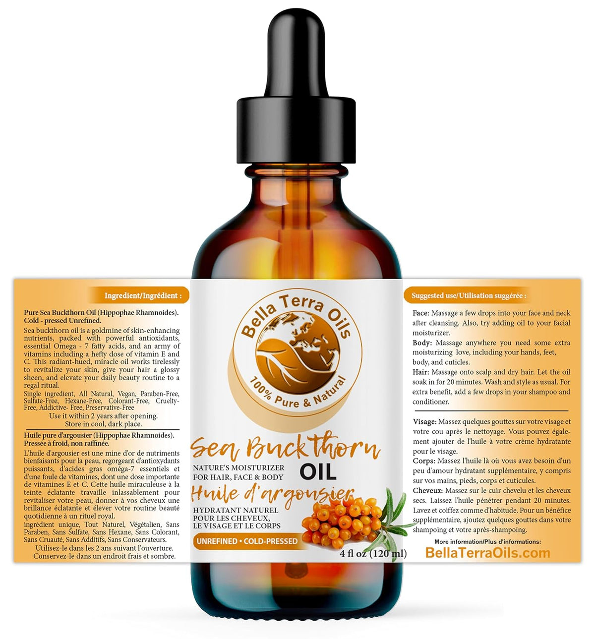 Bella Terra Oils - Seabuckthorn Berry Oil 4oz - Experience Nature's Luxurious Touch, Brimming with Vitamin E & Carotenoids, Transcend Ordinary Skincare