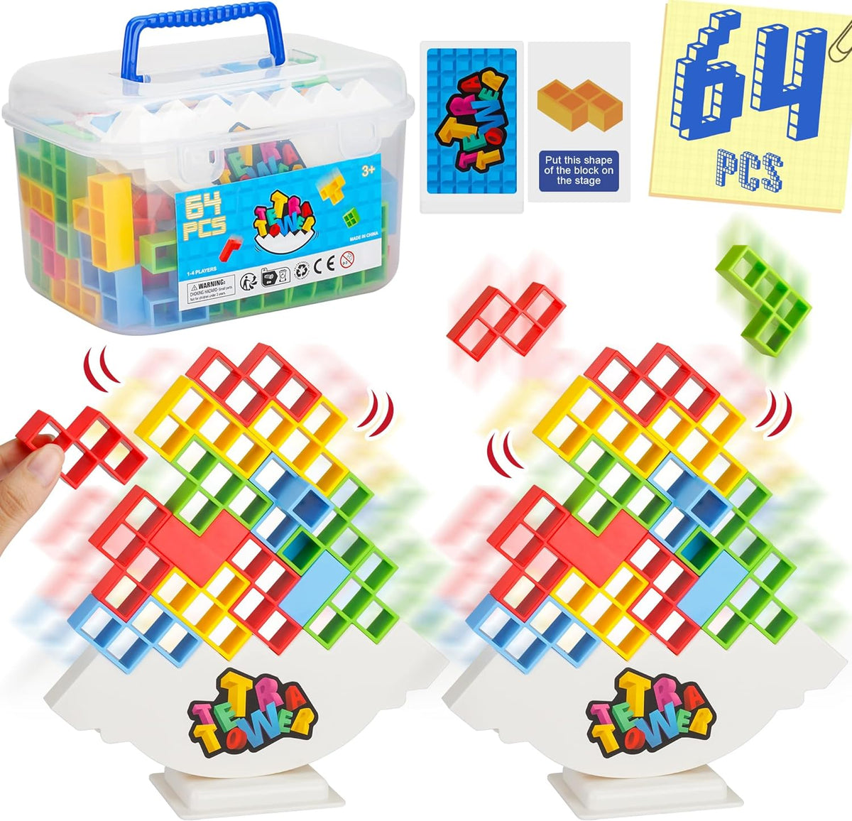 WOWNOVA 64PCS Deluxe Tetra Tower Game for Family Game Night, Balance Stacking Blocks Tower Board Game for Fun Party Games, Stacking Game for Kids & Adults, with Prize Wheel&Cute Clear Storage Box