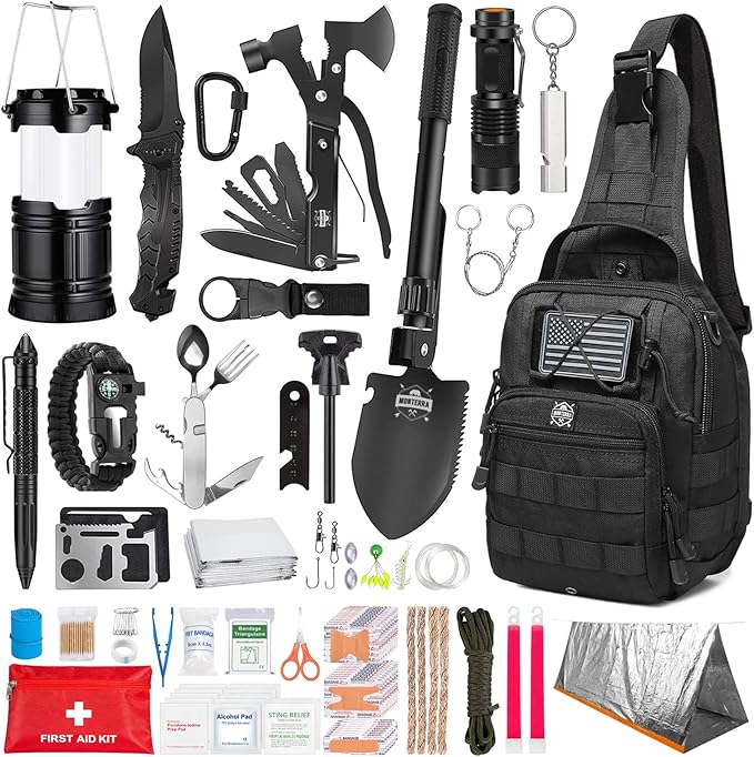 Monterra Survival Kit, 265 Pcs, Emergency Gear and Supplies, First Aid, Bug Out Go Bag, EDC, Molle System Backpack, Hiking, Camping, Outdoor Accessories, Hunting Gifts for Men.