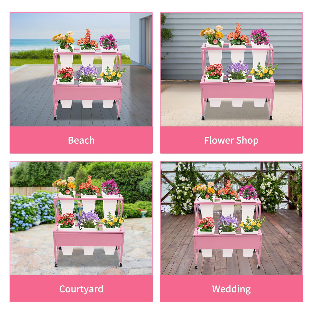 BAIODNB Flower Display Stand with 6PCS Buckets,2 Layers Metal Plant Stand With Wheels Plant Cart, Moving Florist Bouquet Shelf Flower Rack for Indoor, Outdoor Patio Garden, Living Room (Pinl+White)