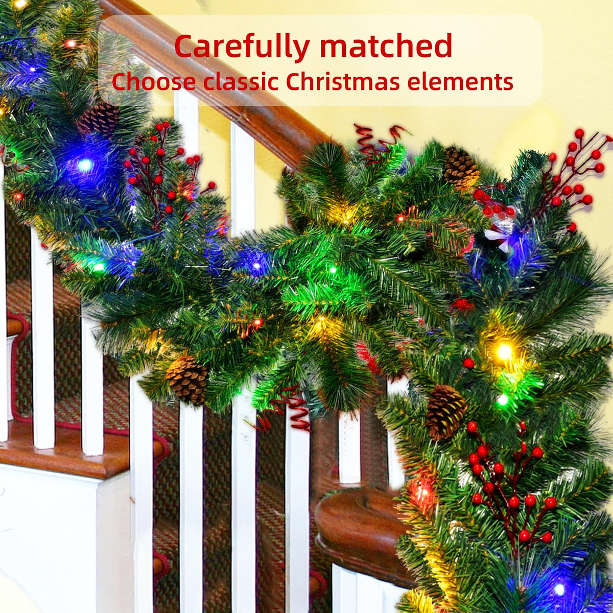 Christmas Garland with Lights 9FT, Battery Powered 50 LED Lights, 8 Lighting Modes, Red Berry, Pine Cone for Stairs, Front Door, Christmas Decor