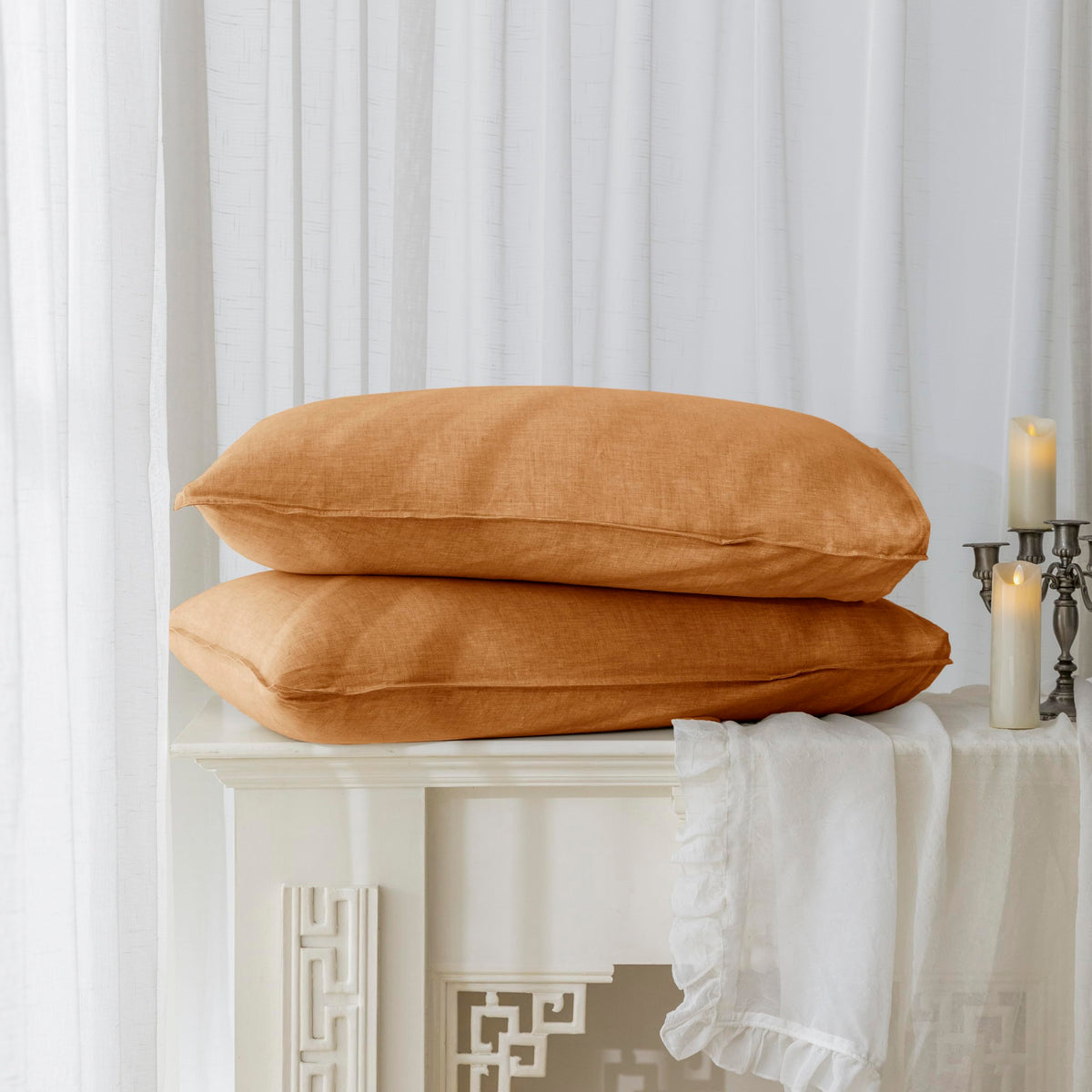 EVERLY 100% Linen Pillowcases Set of 2, Envelope Overlap Closure French Natural Washed Flax Pillowcases 20x26inches-Caramel