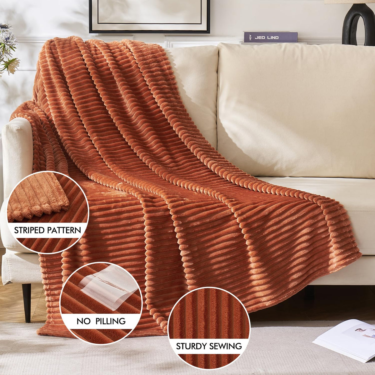 MIULEE Fall Rust Throw Blanket 3D Ribbed Jacquard Fleece Flannel Velvet Plush Decorative Bed Blanket (Throw, 50" x 60") - Super Soft, Lightweight, Warm and Cozy for Couch Sofa Home Decor