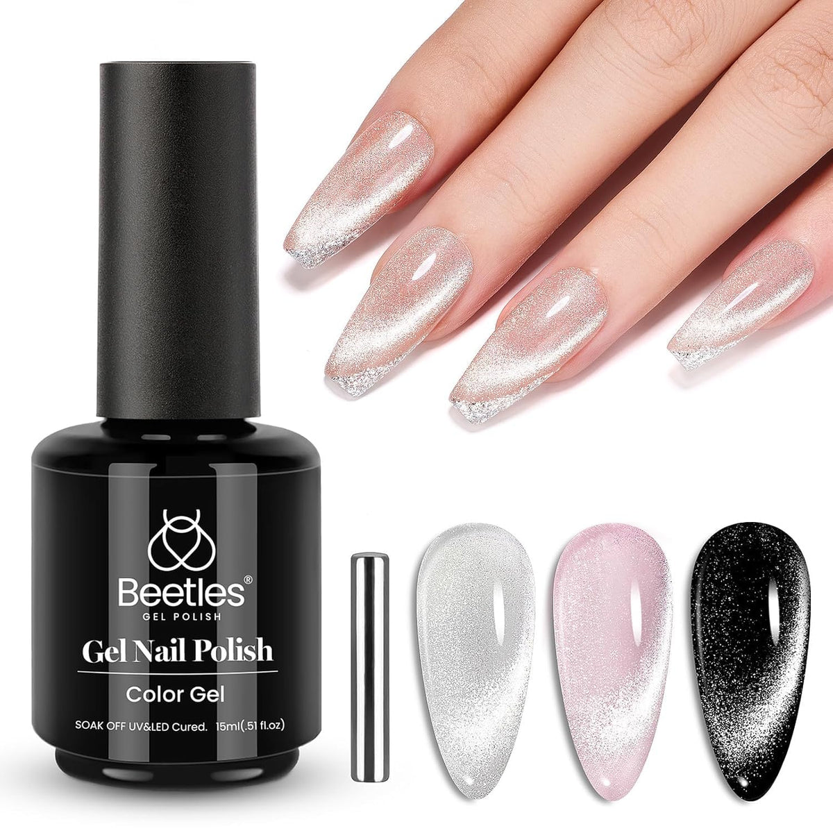 Beetles Silver Cat Eye Gel Nail Polish - Star Cascade Glitter Cat Eye Gel Polish, Wedding Beauty Color with Magnet Soak Off UV Velvet Nail Polish Salon DIY Manicure Gift for Women 15ML