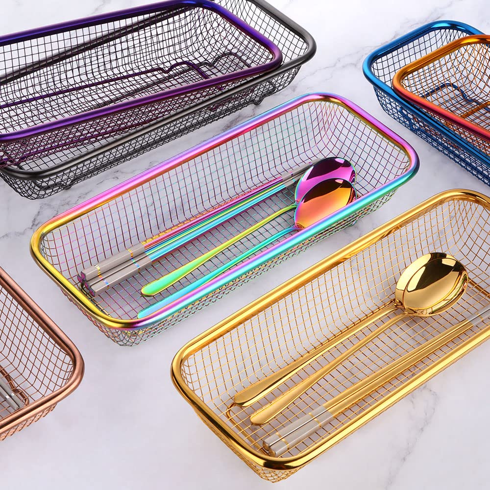 BYEGOU Silverware Drawer Organizer, Rainbow Mesh Kitchen Drawer Organizers, Iridescent Stackable Storage Basket Metal Utensil Holder for Flatware, 12.5"x5"x2.5", Pack of 2