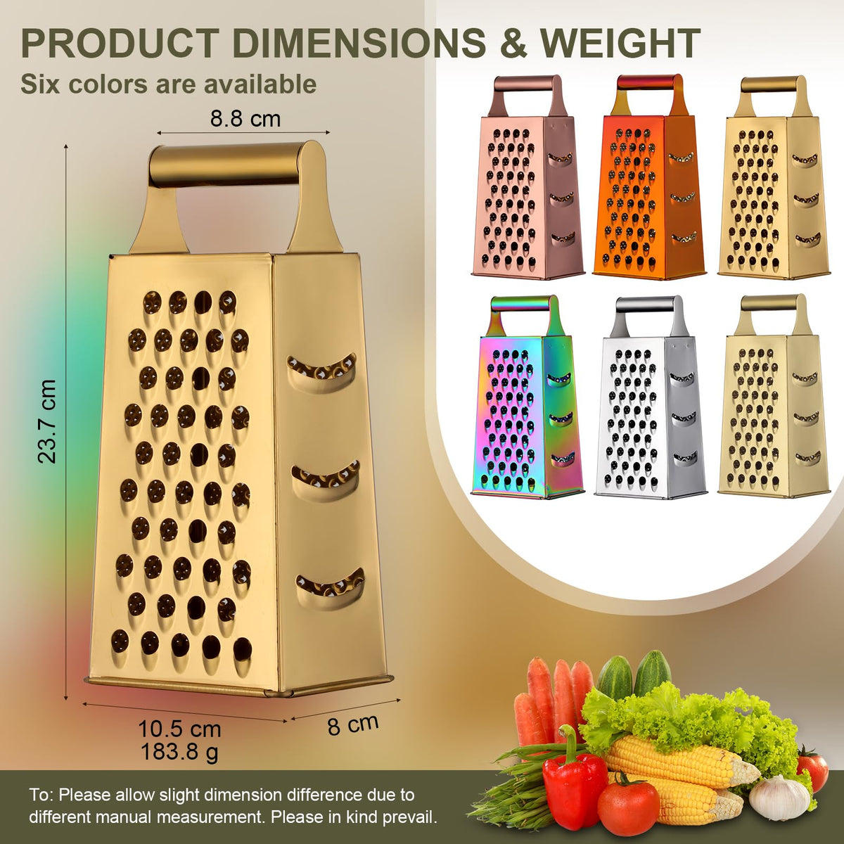 Rainbow Cheese Grater Handheld Grater for Kitchen, Stainless Steel 4 Sided Cheese Grater with Handle for Grinding Shredding & Slicing, Dishwasher Safe